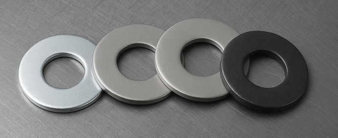 Na metalowym tle - stal szczotkowana leżą 4 podkładki. Każda z nich ma inną fakturę i kolor odpowiadający materiałowi: • stal ocynkowana – srebrnoszara, błyszcząca • stal nierdzewna A2 – lekko satynowa • stal kwasoodporna A4 – chłodniejszy odcień srebra • stal węglowa czarna – matowa