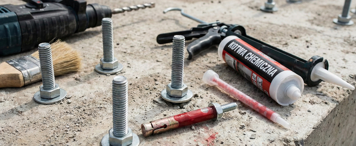 Pręty gwintowane zamocowane w betonie oraz zestaw do kotwienia chemicznego: tuba z żywicą, wyciskacz, wiertarka i akcesoria do czyszczenia otworów