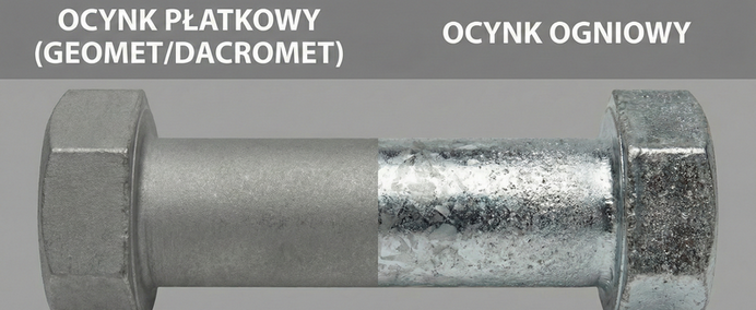 Zdjęcie przedstawia śrubę z łbem sześciokątnym, która jest wizualnie podzielona na dwie połowy. Lewa strona, oznaczona napisem 'OCYNK PŁATKOWY (GEOMET/DACROMET)', ma matowe, jednolite szare wykończenie. Prawa strona, oznaczona napisem 'OCYNK OGNIOWY', charakteryzuje się chropowatą, błyszczącą metaliczną powierzchnią z widocznymi kryształkami cynku