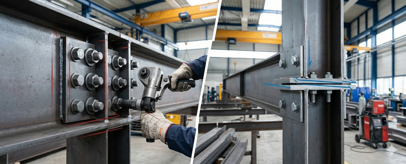 Porównanie montażu połączeń śrubowych HV i SB w konstrukcjach stalowych – po lewej dokręcanie śrub specjalistycznym kluczem, po prawej gotowy węzeł konstrukcyjny w hali produkcyjnej.