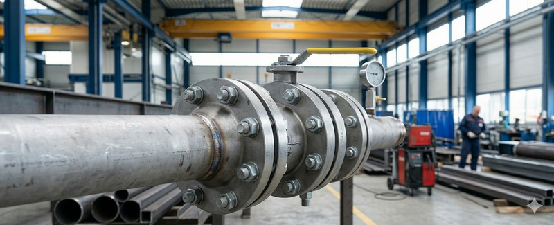 Solidne połączenie kołnierzowe rur ze stali niestopowej z zamontowanym zaworem gazu (żółta rączka) oraz manometrem, widoczne w hali produkcyjnej – przykład bezpiecznej instalacji ciśnieniowej.