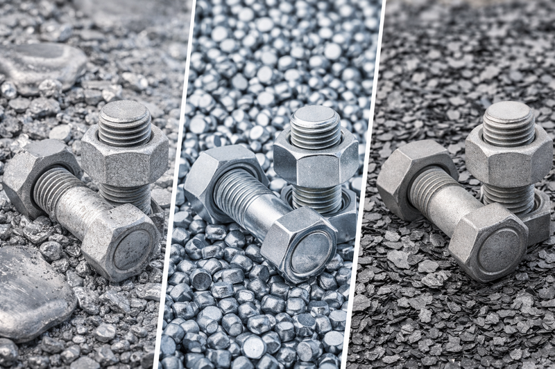 Śruby i nakrętki z różnymi powłokami antykorozyjnymi – porównanie ocynk ogniowy HDG, ocynk galwaniczny oraz powłoka płatkowa, widok z bliska na strukturę powierzchni.