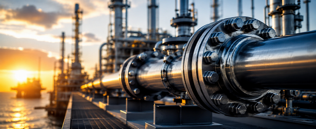 Instalacja przemysłowa Oil & Gas z widocznymi stalowymi rurociągami i kołnierzami wykonanymi ze stali 42CrMo4 na tle platformy rafineryjnej