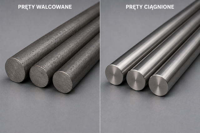 Porównanie prętów walcowanych i ciągnionych – po lewej stronie pręty o chropowatej powierzchni po walcowaniu, po prawej gładkie i precyzyjnie wykończone pręty ciągnione