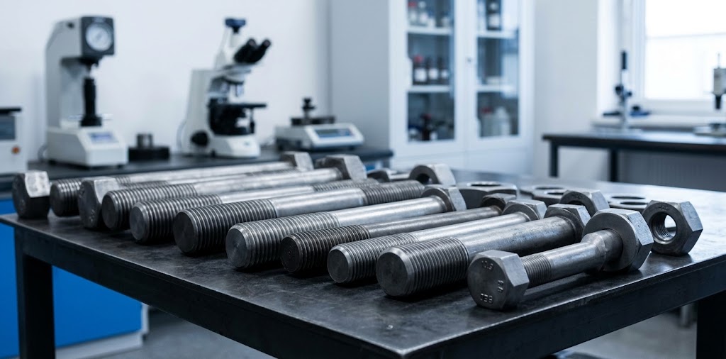 elementy złączne (duże śruby, nakrętki i pręty gwintowane) ułożone w rzędach na stole roboczym- w zakładowym laboratorium badawczym